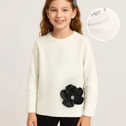 arias by lara dutta Arias Knit Raglan Full Sleeves Pullover Sweater With Flower Applique - White-picture-12