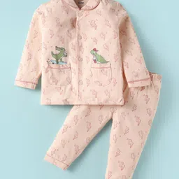 CUCUMBER Sinker Knit Full Sleeves Co-Ord Night Suit with Dino Print - Peach-picture-17