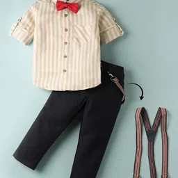 Rikidoos Full Sleeves Striped Shirt & Pant With Bow & Suspender Set - Beige & Navy Blue-picture-20