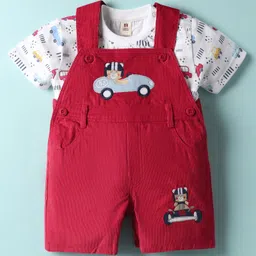 ToffyHouse Corduroy Woven Half Sleeves T-Shirt & Dungaree with Teddy Embroidery & Vehicle Print - Red & White-picture-14