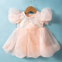 Mark & Mia Woven Half Puffed Sleeves Frock Style Party Onesie with Floral Applique & Sequin Detailing - Peach-picture-27