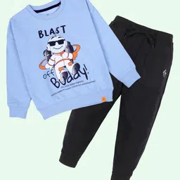Kiddopanti Fleece Knit Full Sleeves Blast Off Buddy Text Printed Light Winter Sweatshirt With Track Pants Set - Sky Blue & Black-picture-37