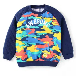 Babyhug Cotton Knit Full Raglan Sleeves T-Shirt & Lounge Pants Set With Kangaroo Pocket & Camouflage Text Print - Navy image 2