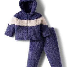 Babyhug Fur Woven Full Sleeves Color Block Hooded Winter Wear Suit Set - White & Navy Blue image 2