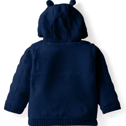 Babyhug Knit Full Sleeves Hooded Front Open Sweater with Cable Knit Design & Ear Applique - Navy Blue image 2