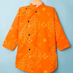 TEENTAARE Cotton Woven Full Sleeves Bandhani Printed Kurta Dhoti Set - Orange image 2