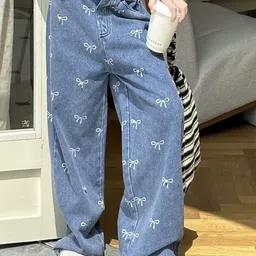 LULU & SKY Blue Novelty Pattern Girls Wide Leg Mid-Rise Bow Design Mildly Distressed Jeans-picture-12