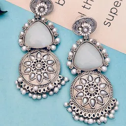 Anouk Silver-Plated Artificial Stones Studded & Pearls Beaded Circular Drop Earrings image 4