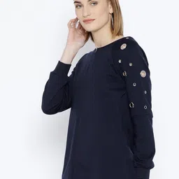 Belle Fille Women Navy Blue Solid Sweatshirt with Cut-Out Detail image 3