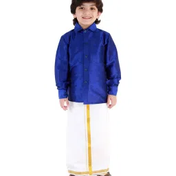 VASTRAMAY Kids Blue & White Shirt Mundu Set image 3