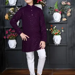 Ahhaaaa Kids Wine & White Embellished Full Sleeves Kurta With Pyjamas image 5