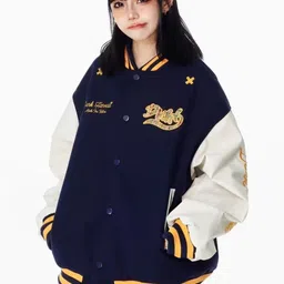 KPOP Women Typography Colourblocked Varsity Jacket with Embroidered-picture-16