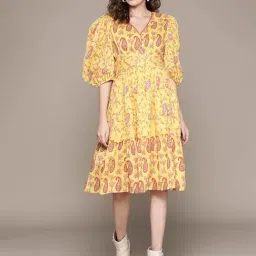 aarke Ritu Kumar Yellow Printed Fit & Flare Dress-image-49