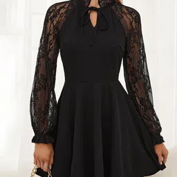 StyleCast Women Black Solid Mini Party Dress with Lace Sleeves-picture-20