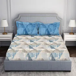 SPACES Blue & Beige Geometric 144 TC Queen Bedsheet with 2 Pillow Covers image 1