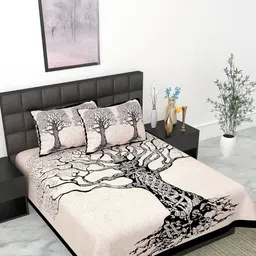 KD PRINTS Beige & White Floral 180 TC King Bedsheet with 2 Pillow Covers-picture-20