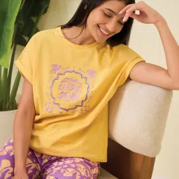 Sweet Dreams Mimosa Yellow Regular Fit Printed Short Sleeves Nightsuit image 3