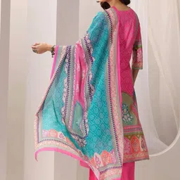 TURITY Women Ethnic Motifs Printed Regular Chanderi Silk Kurta with Trousers & With Dupatta image 4