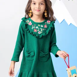 Babyoye Eco Conscious 100% Cotton Solid Full Sleeves Sweater Frock with Floral Embroidery - Green-picture-19