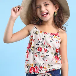Babyhug 100% Rayon Woven Sleeveless Top with Floral Print & Bow Detailing - White-picture-17