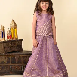 Superminis Sleeveless Gota Lace Embellished & Floral Foil Printed Coordinating Lehenga With Choli - Purple-picture-21