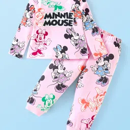 Babyhug Disney Cotton Knit Full Sleeves Night Suit with Minnie Mouse Print - Baby Pink-picture-27
