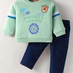 ToffyHouse Fleece Knit Full Sleeves Winter Wear T-Shirt & Lounge Pant Set With Text Print - Light Green-picture-25