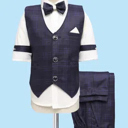 Rikidoos Full Sleeves Solid Shirt With Checked Waistcoat Bow & Pant - Blue & White-picture-20