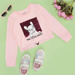 Pantaloons Junior Cotton Full Sleeves Sequins Embellished & Dog Printed Tee - Pink-picture-35
