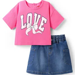 Babyhug Single Jersey Knit Half Sleeves Top & Denim Skirt Set With Love Print - Pink & Blue-picture-31