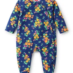 Babyhug Cotton Knit Full Sleeves Footed Sleep Suit With Floral Print - Navy Blue-picture-15