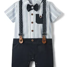 Mark & Mia Cotton Woven Half Sleeves Party Romper with Bow & Suspender with Stripes - Navy Blue-picture-21