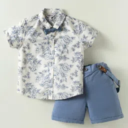ToffyHouse Poplin Woven Half Sleeves Floral Printed Shirt & Shorts With Bow & Suspender - White & Blue-picture-14