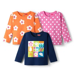 Babyhug 100% Cotton Knit Full Sleeves T-Shirts with Floral & Polka Dots Print Pack of 3 - Navy Blue Pink & Orange-picture-25