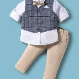 ToffyHouse Cotton Woven Full Sleeves Checkered 3 Piece Party Suit with Bow - Blue & Tan-picture-32