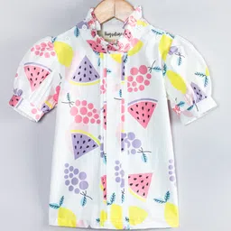 Hugsntugs Cotton Woven Half Puffed Sleeves Fruits Printed Top - White-picture-23