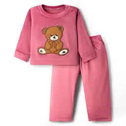 Kanvin Velour Knit Full Sleeves Antipilling Winter Night Suit with Bear Embroidery Patch - Pink-image-62