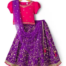 Babyhug Georgette Woven Half Puffed Sleeves Choli Lehenga & Dupatta Set with Floral Embroidery - Purple & Pink-picture-28