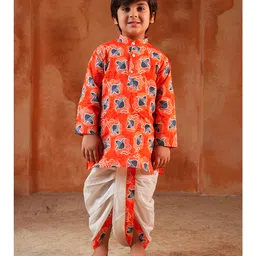 AJ Dezines Cotton Woven Full Sleeves Floral Motifs Printed Kurta Dhoti Set - Orange-picture-39