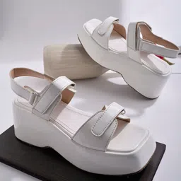 Shoetopia Solid Velcro Closure Platform Sandals - White-picture-24