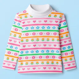 Babyhug Cotton Elastane Knit Full Sleeves Turtle Neck Winter T-Shirt with Floral & Heart Print - White-picture-13