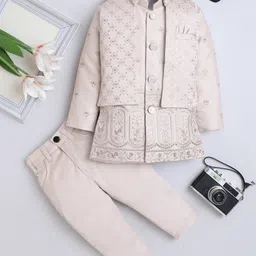 Fourfolds Woven Full Sleeves Sequin Embellished & Floral Embroidered Sherwani & Trouser Set With Jacket - Beige-picture-23