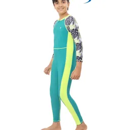 Bosky Swimwear Full Sleeves Bodysuit with Leaf Print - Aqua Blue image 2