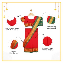 Little Ginnie Kanjivaram Zari Border Detailed Saree With Half Sleeves Blouse - Red image 3