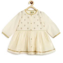 Tiber Taber Full Sleeves Chanderi Embroidered Angrakha Kurta With Floral Foil Print Salwar - Cream image 4