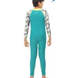Bosky Swimwear Full Sleeves Bodysuit with Leaf Print - Aqua Blue image 3