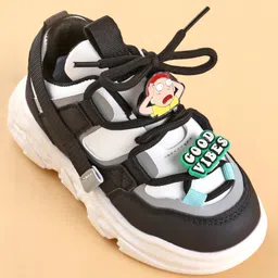 Babyoye Sneaker with Lace Up Closure with Cartoon Applique - Black image 3