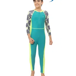 Bosky Swimwear Full Sleeves Bodysuit with Leaf Print - Aqua Blue image 4