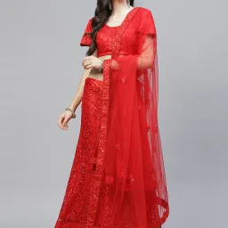 READIPRINT FASHIONS Red Embellished Semi Stitched Lehenga Choli Set With Dupatta image 1