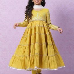 biba girls Biba Kids Lime Yellow & White Cotton Printed Full Sleeves Kurta Set-picture-28